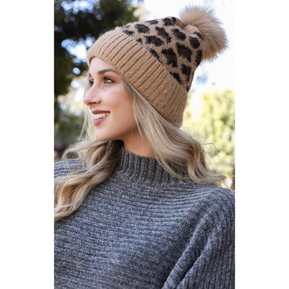 Camel Leopard Knit Pom Beanie Hat